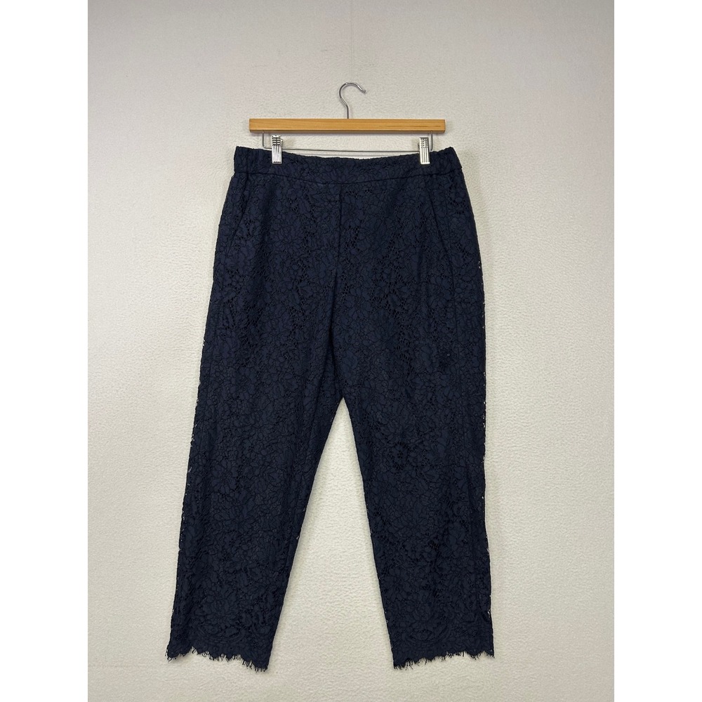 Elegant Floral Lace J.Crew Womens 8 Navy Blue Straight Leg Scalloped Hem Pants
